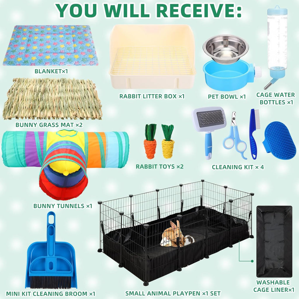 104 Pcs Rabbit Starter Kit with Playpen and Accessories - GlobalHabitat Supply