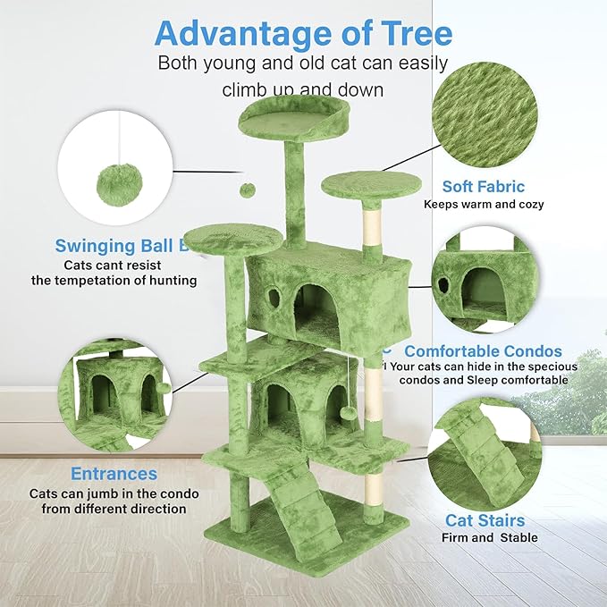 FDW | 54" Cat Tree Tower | Green | Multi-Level Indoor Activity Center - Image 5