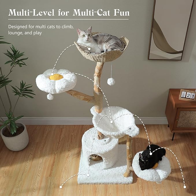 59" Modern Cat Tree Tower for Large Cats w/2 Flower Perches-Natural Solid Wood - Image 4