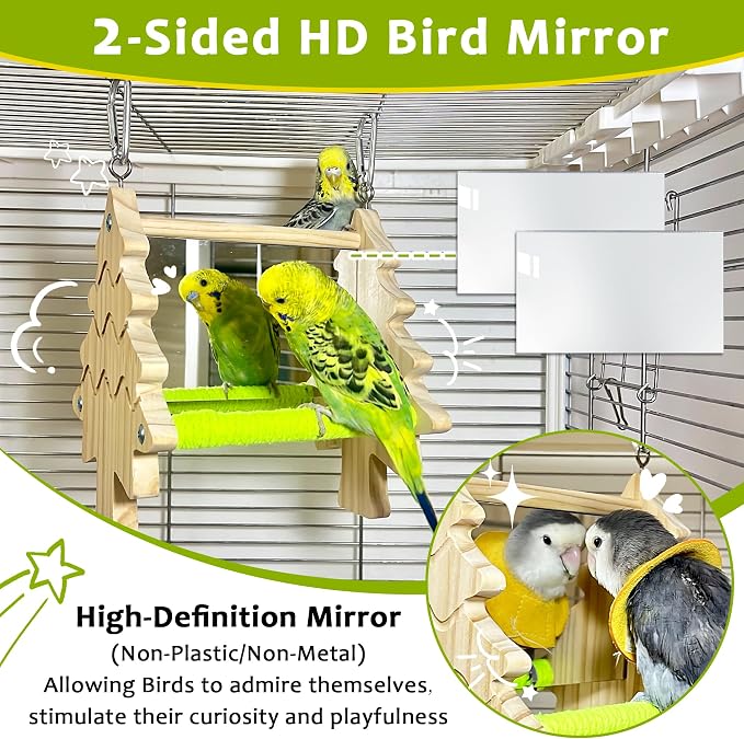 Bird Mirror Toy Perch, 2-Sided Hd Parakeet Mirrors & 2 Cotton-Wrapped Perches - Image 2