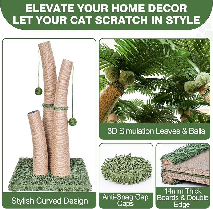 40'' Tall Cat Scratching Post Cat Tree, 3 Curved Design Palm Tree Cat - Image 4