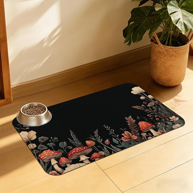 Vintage Mushroom Flower Pet Feeding Mat, Absorbent Dog Cat Bowl Pad, Fast Dry by QSOQSO