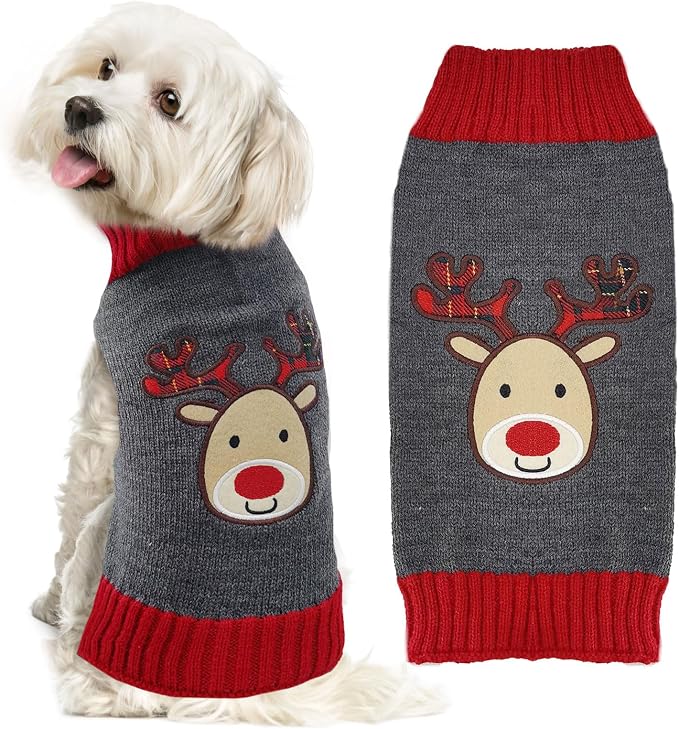 Dog Christmas Sweater Xmas Pet Clothes Cute Gray Reindeer Holiday Puppy Cat by DOGGYZSTYLE