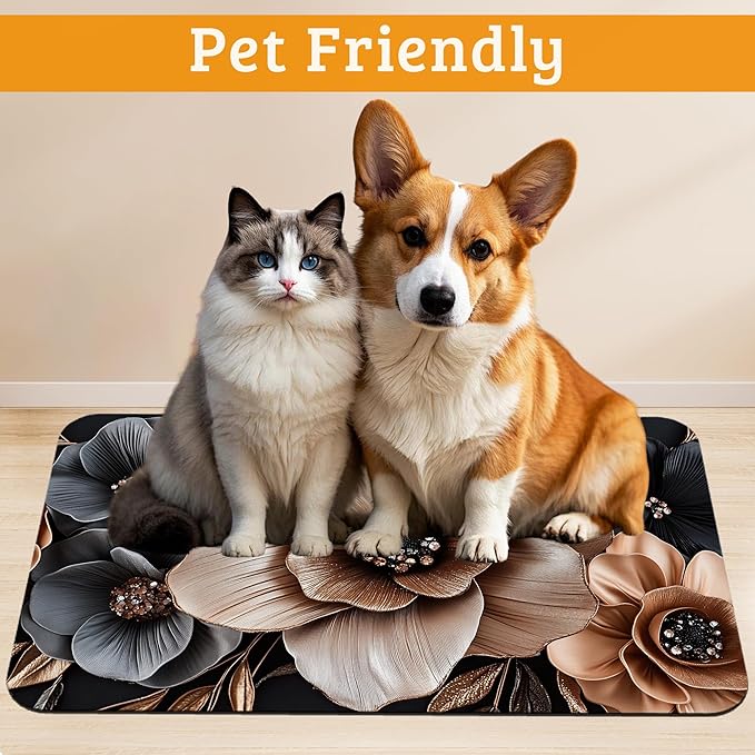 Black Brown Flower Feeding Mat, Artistic Absorbent Quick-Dry Cat Dog Food and - Image 2