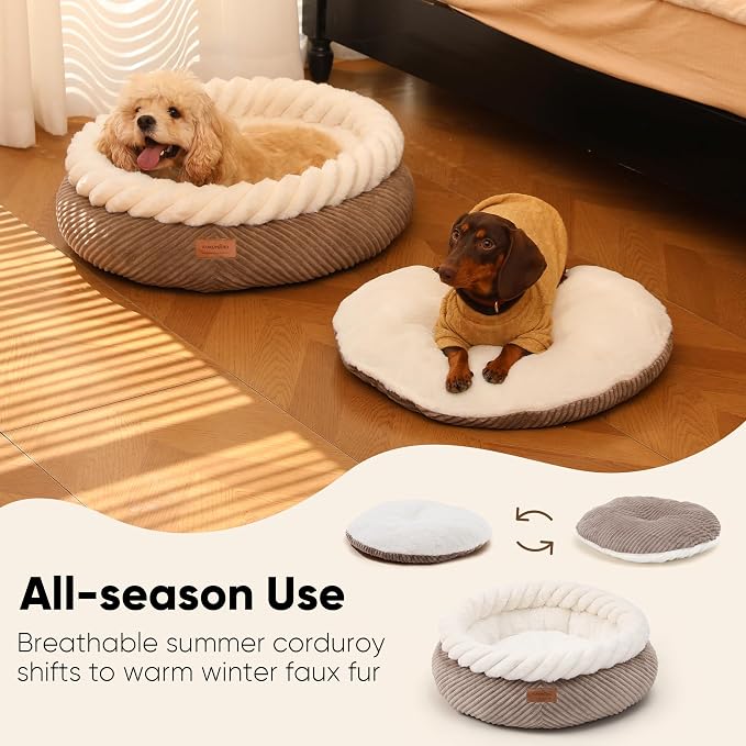 FUKUMARU Dog Bed, Calming Donut Dog Beds, Plush Faux Fur&Corduroy Cat Beds - Image 5