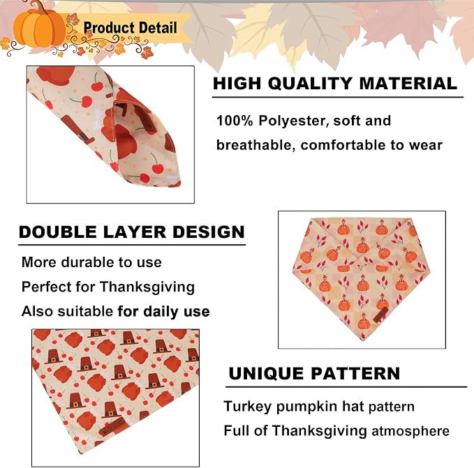 ADOGGYGO Thanksgiving Dog Bandanas 2 Pack, Reversible Turkey Pumpkin Pet Scarf - Image 5
