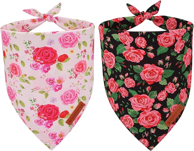 ADOGGYGO Floral Dog Bandana 2 Pack, Reversible Red Pink Rose Puppy Scarf Bib by ADOGGYGO