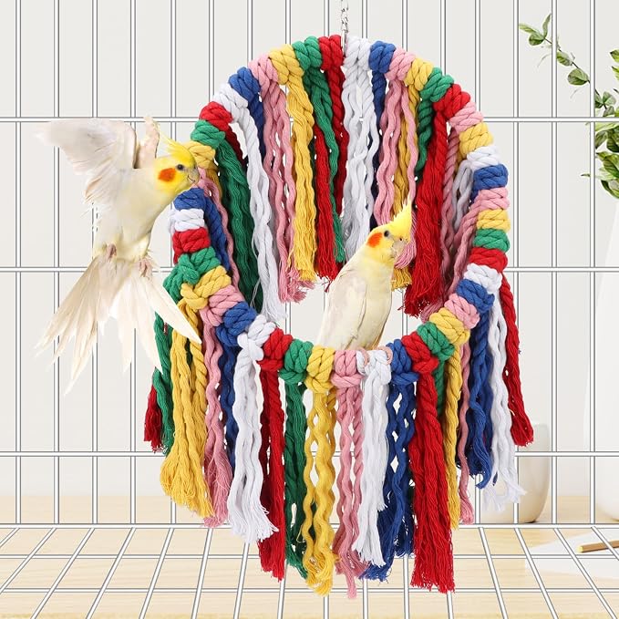 Wontee Bird Rope Chewing Toys Parrot Cage Bite Toys Colorful Hanging Ring Swing - Image 3