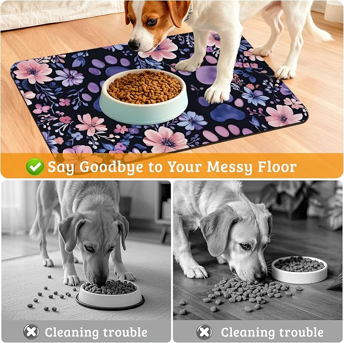 Paw Print Dog Food Mat, Watercolor Flower Absorbent Pet Feeding Mat - Image 4
