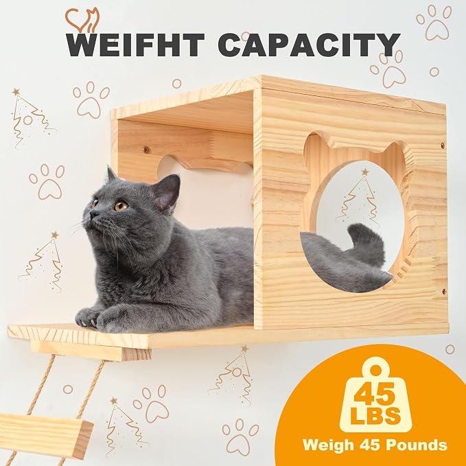 PETKABOO Cat Wall Shleves and Perches, Pine Wooden Cat Wall Furniture Climbing - Image 4
