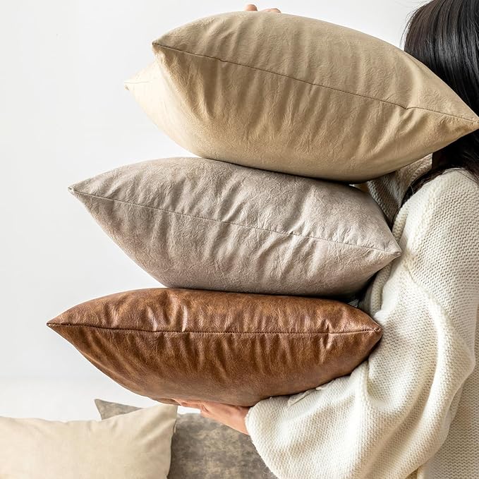Pack of 4 Oversized Faux Leather Neutral Decorative Throw Pillow Covers 28x28 - Image 5