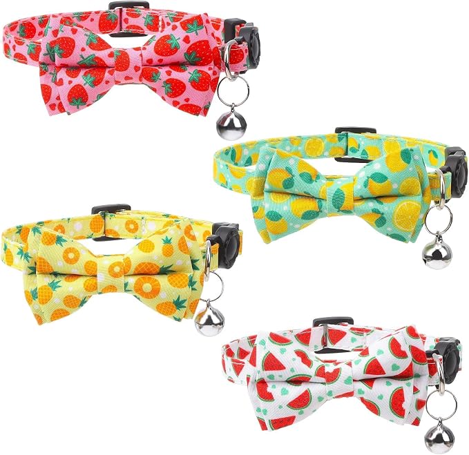 4 Pack Cat Collar with Bow Tie and Bell Breakaway Fruit Cat Collars Spring by XLSXEXCL