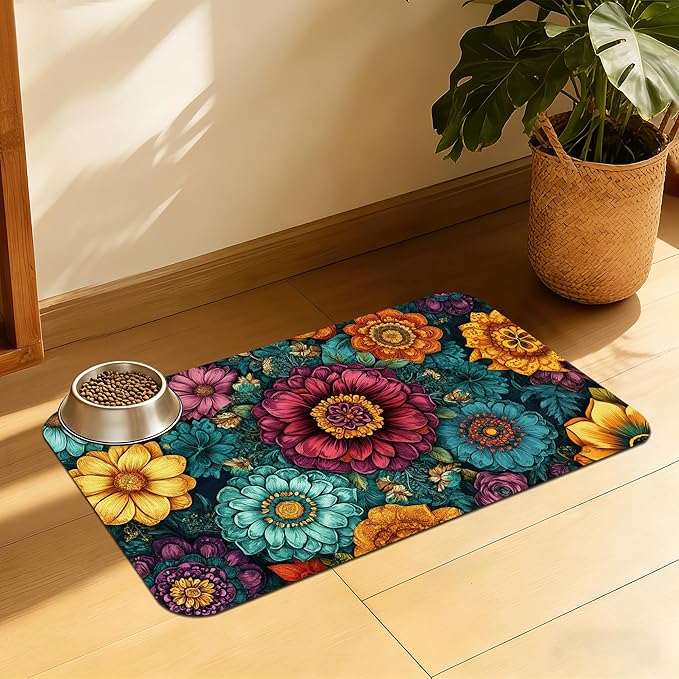 Vintage Floral Pet Feeding Mat, Fast-Dry Absorbent Dog and Cat Bowl Mat by QSOQSO