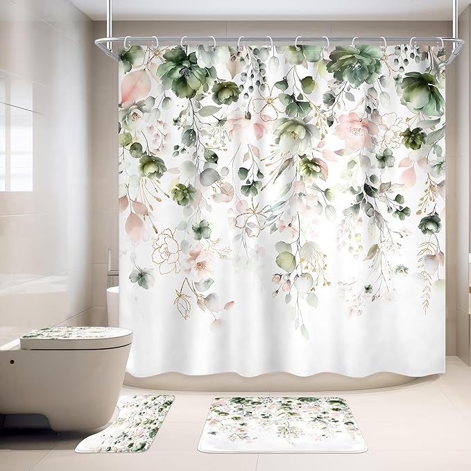 4 PCS Green Pink Floral Flower Shower Curtain Set 72Wx72H Inch Watercolor by Ufeela