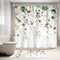 4 PCS Green Pink Floral Flower Shower Curtain Set 72Wx72H Inch Watercolor by Ufeela