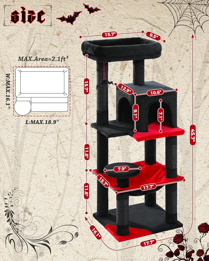Gothic Cat Tree with Super Large Hammock, 45.7" Black Cat Tower with Coffin Bed - Image 5