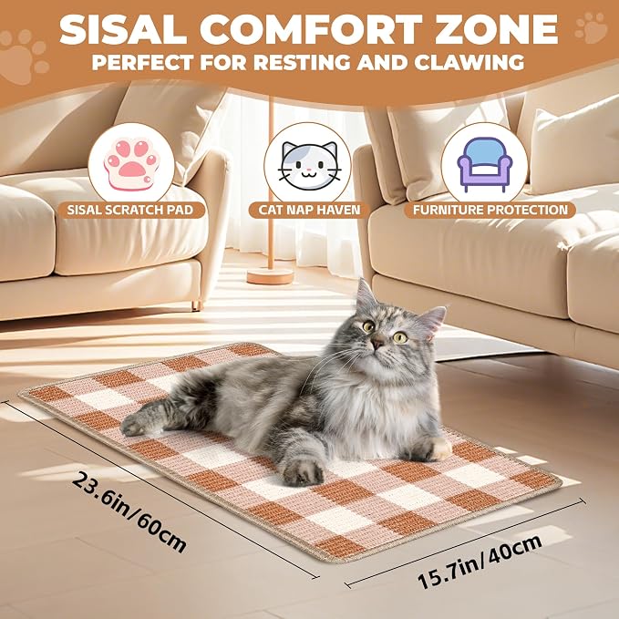 Cat Scratcher Mat, 23.6x15.7 Inch Natural Sisal Cat Scratch Pad, Horizontal Cat - Image 2