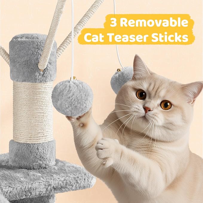 Yaheetech Cat Tree, 67in Large Tower w/ 3 Removable Teaser Sticks, 2 Kitten-Ear - Image 4