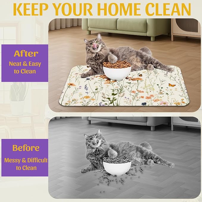 Vintage Wildflowers Herbs Pet Feeding Mat, Absorbent Bowl Pad, Quick Dry - Image 4