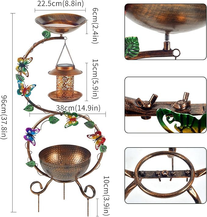 Metal Birdbath with Flower Planter Pedestal and Solar Bird Feeders Combo - Image 6