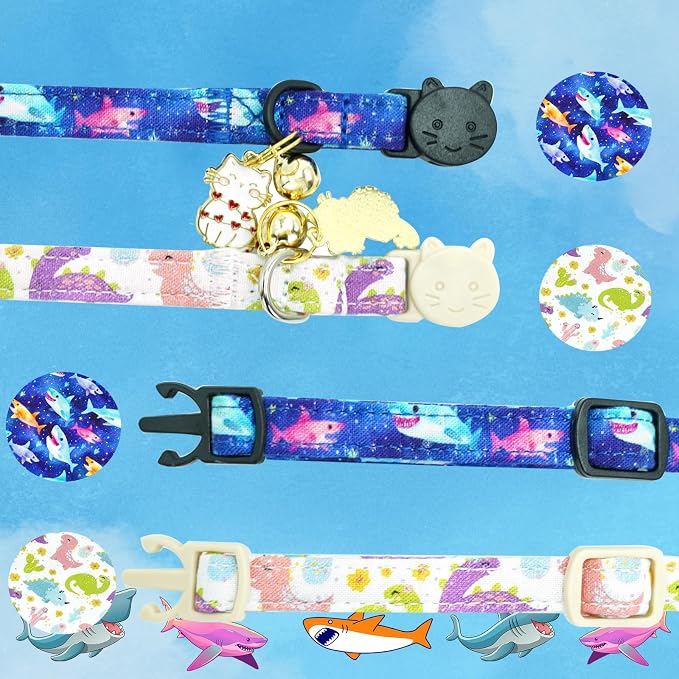 Elegant little tail 2 Pack Cat Collar-Dinosaur & Shark Cotton Breakaway Cat - Image 3