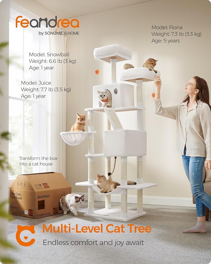 Feandrea Cat Tree, 81.1-Inch Large Cat Tower, 2 Perches, 2 Caves, Cream White - Image 2