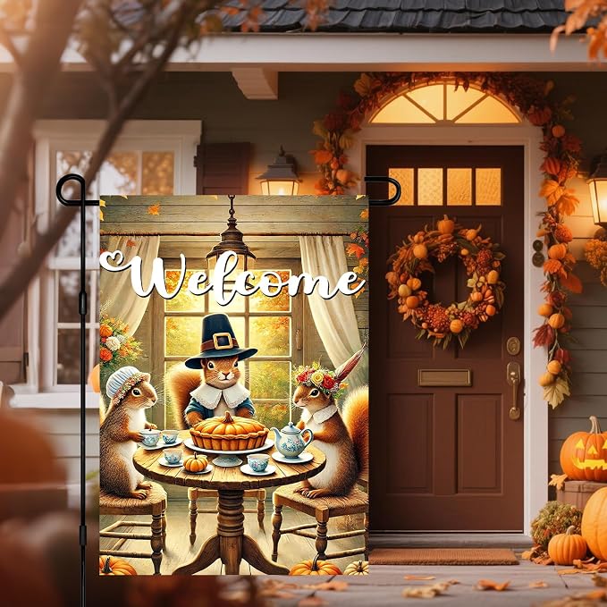 Welcome Garden Flag Autumn Garden Flag Adorable Squirrels Tea Party Decorative - Image 5