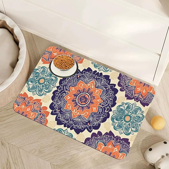 Mandala Flower Dog Cat Food Mat, Vintage Boho Floral Absorbent Pet Feeding Mat by Unknown