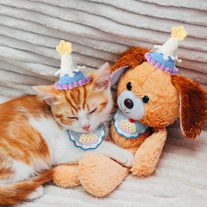 Sanwuta 2 Pcs Cat Birthday Party Supplies, Knit Cat Hat Kitten Birthday Bib - Image 5
