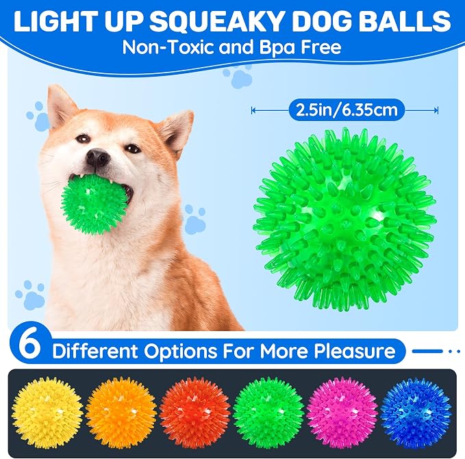 6 Pack 2.5" Light Up Squeaky Dog Balls, Spiky Dog Toy Balls - Image 2