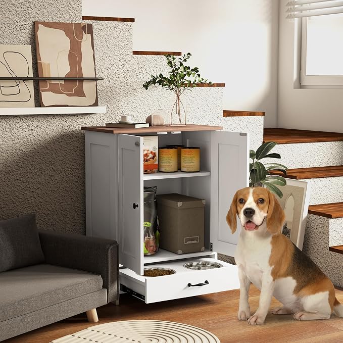 PawHut Pet Feeding Station, Elevated Dog Bowls, Dog Food Storage Cabinet - Image 2