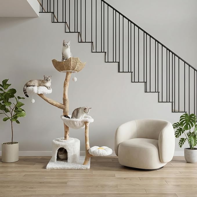 59" Modern Cat Tree Tower for Large Cats w/2 Flower Perches-Natural Solid Wood - Image 8