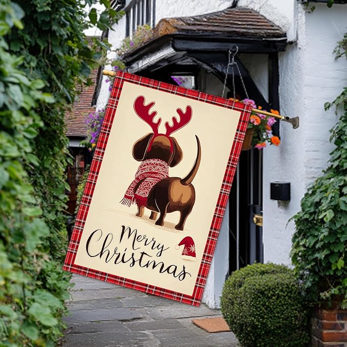 Merry Christmas Garden Flag Back View Dog Reindeer Antlers 28 x 40 Inch Double - Image 6