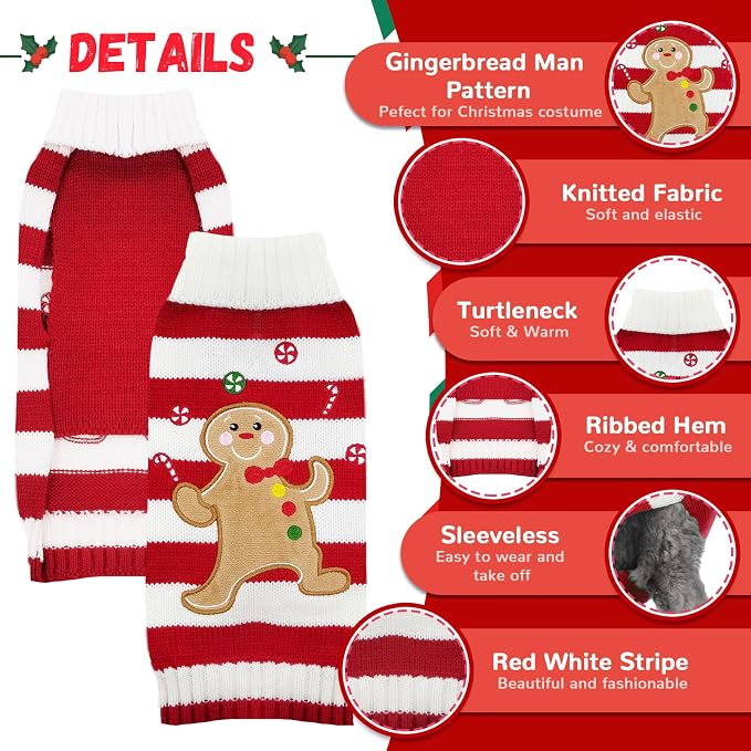 Dog Christmas Sweater Xmas Pet Clothes Cute Striped Gingerbread Man Costume - Image 4