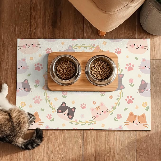 Cat Feeding Mat 24x16 inch Floral Ring Kitten Print Pet Bowl Placemat Non Slip - Image 5