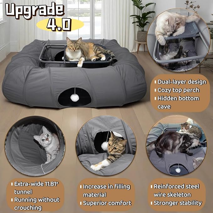XxingSheep 2-Tier Cat Tunnel & Hammock Bed XXL, 4 Cave Shuttle - Image 3
