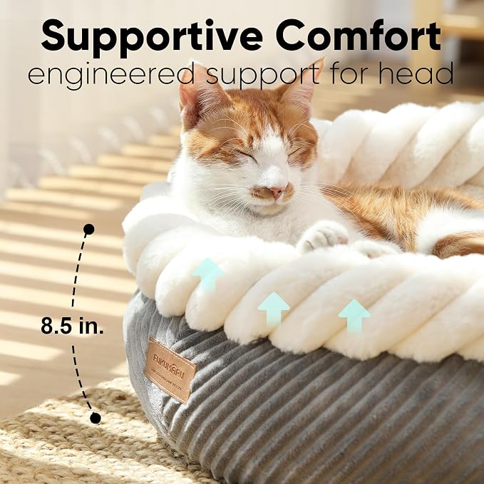 FUKUMARU Cat Bed, Calming Donut Dog Beds, Plush Faux Fur&Corduroy Cat Beds - Image 4