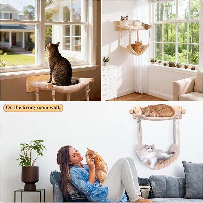 JSPYFITS Wooden Cat Wall Hammock, 18.9 x 12.6 Inch Double Layer Cat Furniture - Image 5