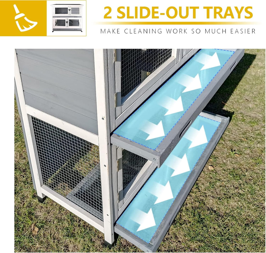 2-Story Solid Wood Rabbit Hutch with 2 Main Rooms, Grey - GlobalHabitat Supply