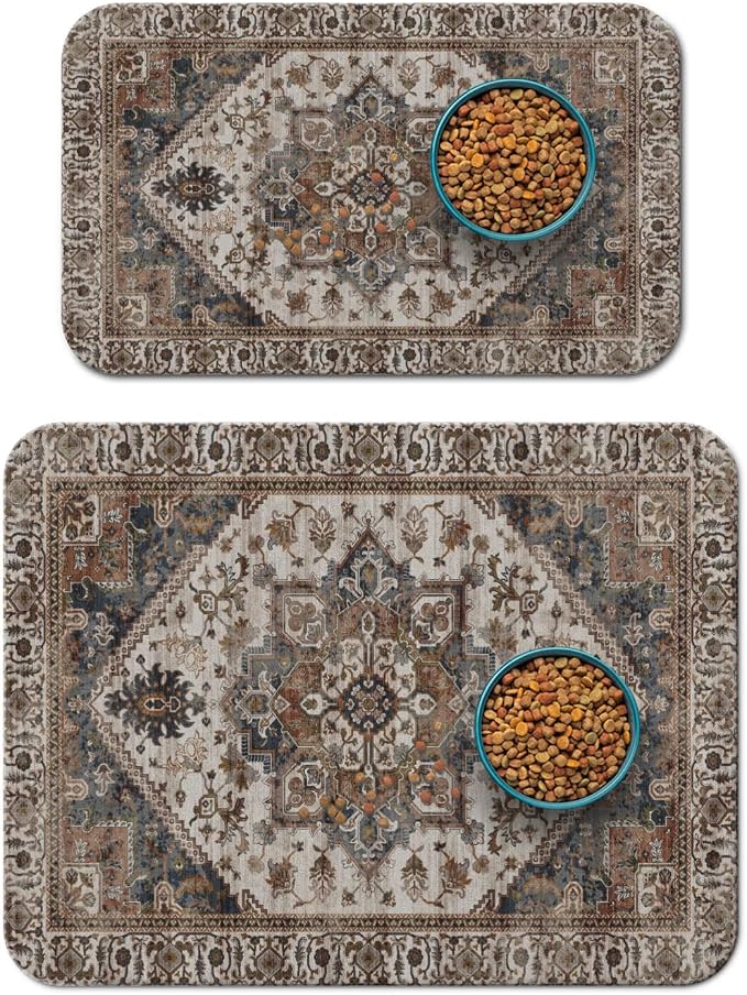 2 Pack Dog Food Mats for Floors, Absorbent and Quick-Drying Pet Cat Food Mat by QXWREL