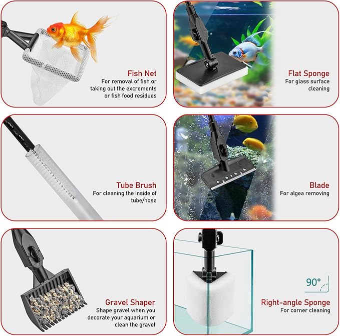 6 in 1 Aquarium Cleaning Tool Kit Fish Tank Algae Scraper, Sponge Pad, Fish Net - Image 5