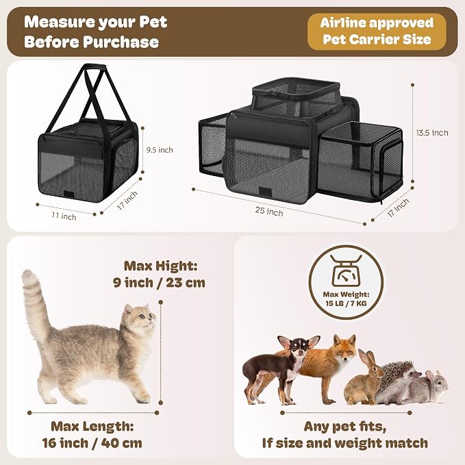 Top and 2 Sides Expandable Pet Carrier 17x11x9.5, TSA Airline Approved Small - Image 4