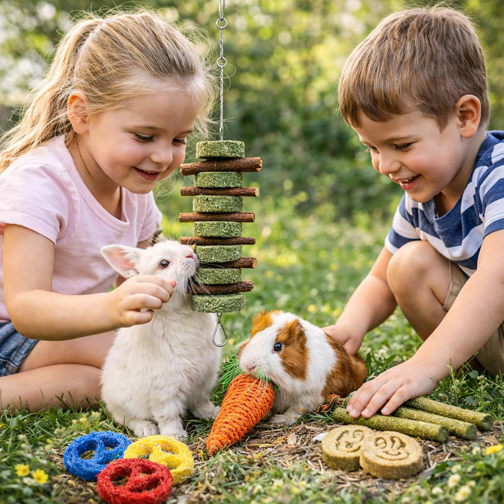 Grddaef 20 PCS Bunny Chew Toys, Apple Wood and Timothy Sticks - GlobalHabitat Supply
