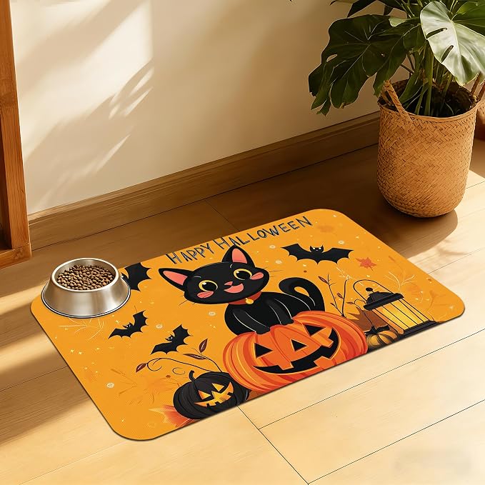 Halloween Cat Pet Feeding Mat, Absorbent Dog Bowl Pad, Quick Dry by QSOQSO