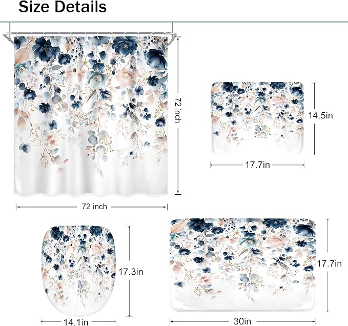 4 PCS Navy Blue Floral Flower Shower Curtain Set 72Wx72H Inch Watercolor Pastel - Image 4