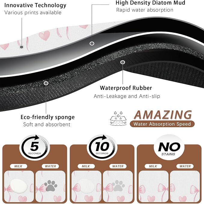 Cute Pink Bow Dog Food Mat for Floors, Heart Absorbent Pet Food and Water Bowl - Image 3