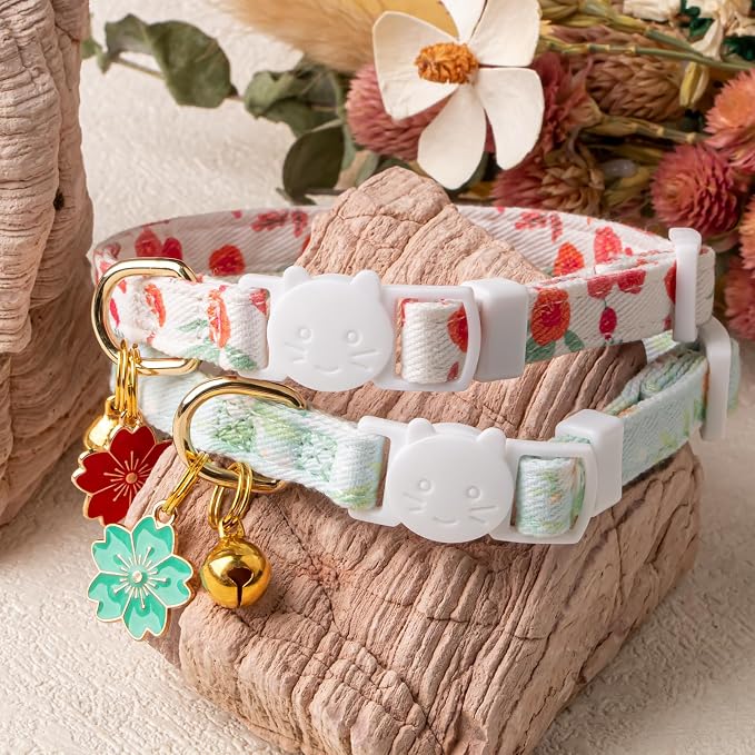2 Pack Cotton Breakaway Cat Collar Green and Red Flowers Pendant Cute Kitten - Image 5