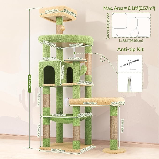 Globlazer Extra Large Platform Cactus Cat Tree, 65in Sturdy Cat Tree - Image 7