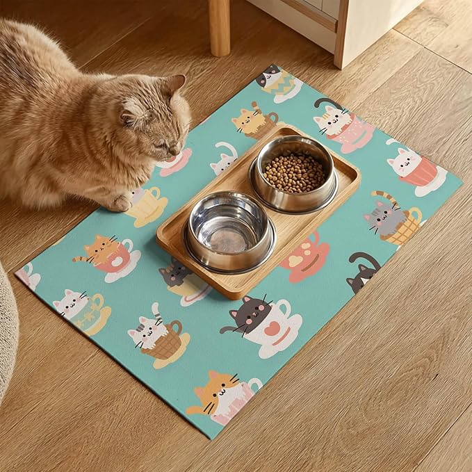 Cat Feeding Mat 24x16 inch Teacup Kitten Print Pet Bowl Placemat Non Slip Floor - Image 2