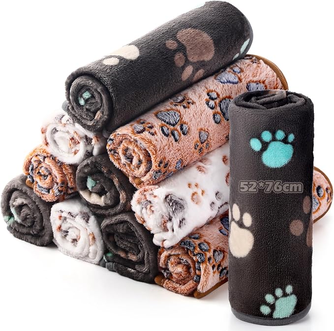 Tegeme 12 Pcs Pet Blankets Soft Fluffy Fleece Dog Cat Warm Paw Print Pattern by Tegeme